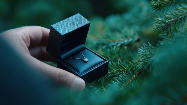 Hand holding an elegant jewelry box with a sparkling necklace inside, surrounded by lush green foliage, creating a romantic and enchanting atmosphere for special occasions