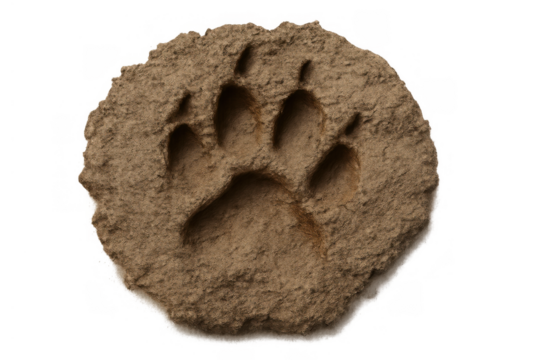Paw print impression in earth material showing animal nature, wildlife tracking, and fossilized discovery, transparent background