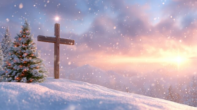 Snow-covered landscape featuring a wooden cross beside a decorated evergreen tree, illuminated by soft sunlight, creating a serene winter holiday atmosphere with copy space