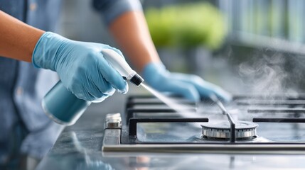Person wearing blue gloves is cleaning a gas stove with a spray cleaner, showcasing the process of maintaining kitchen appliances in a bright and modern environment