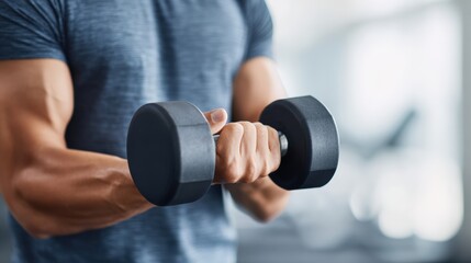 Athletic male with muscular arms is lifting a black dumbbell in a modern gym, showcasing strength training and fitness dedication in a vibrant workout environment