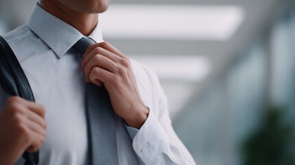 Professional man adjusting his tie while wearing a formal shirt and carrying a bag, in a modern office environment with blurred background elements showcasing a corporate atmosphere