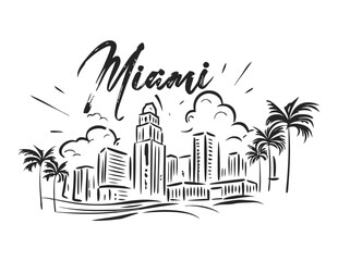 Hand drawn Black and White Miami Skyline Cityscape with Palm Tree Illustration