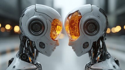 Two white robots with glowing orange eyes facing each other androids artificial intelligence