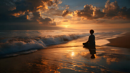 Figure meditating on beach at dawn under soft golden light 