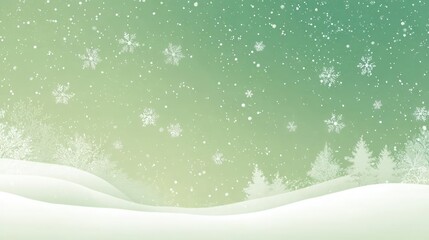 Gentle snowfall over a serene winter landscape with snow covered hills and evergreen trees under a soft green sky