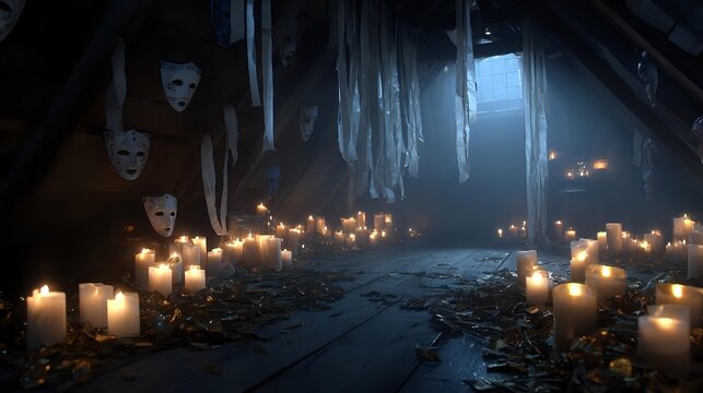 Eerie attic scene with glowing candles and hanging masks creating a mysterious and unsettling atmosphere perfect for horror or thriller themes