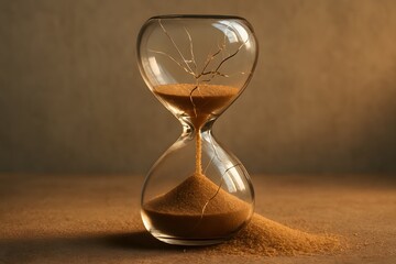 Cracked hourglass with sand spilling onto a surface showing time decay