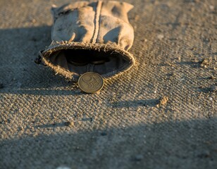 A damaged coin pouch with a single coin in sunlight outdoors