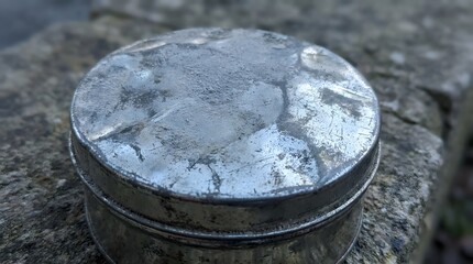 A Silver Tin Lid Close Up Showing Scratches and Dust