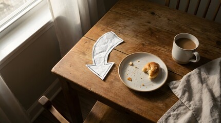A paper arrow pointing to a minimal breakfast plate on wooden table