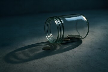 Glass jar with coins inside laying on its side creating shadows