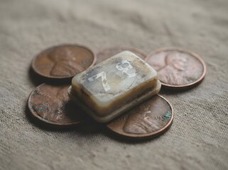 Worn vintage calculator button resting on old copper pennies