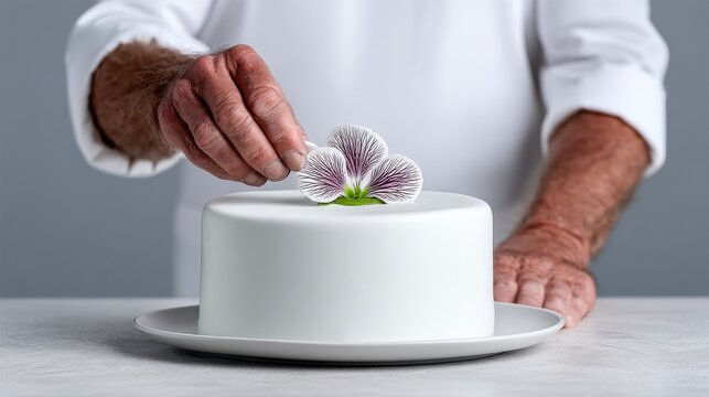 Elegant White Cake Decoration A Chef s Touch with Delicate Edible Flower Placement for Upscale Patisserie