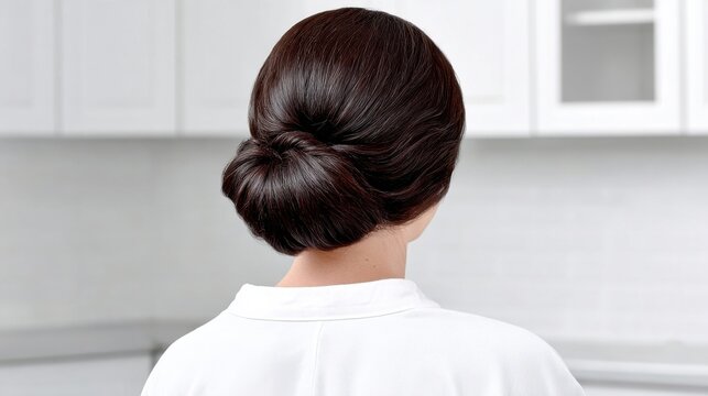 Elegant Woman with Dark Brown Hair in a Classic Chignon Updo for Formal Events.
