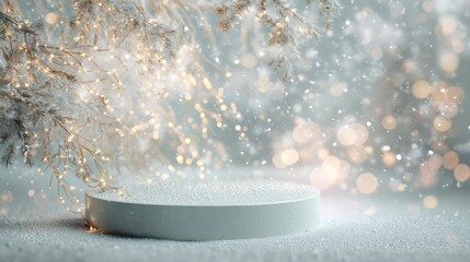 Softly falling snow illuminates a serene winter scene with a circular podium for product display