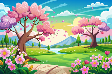 Spring background with pink flowers and flower tree, sunny nature scene, vibrant seasonal scene, blooming garden view, and colorful flowers environment illustration concept.