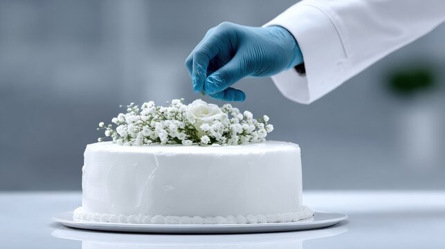 Decorating a White Wedding Cake with Beautiful Flowers for a Special Celebration