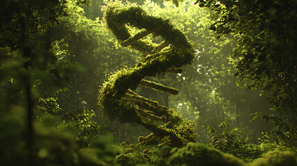 Verdant helix entwined with moss in sunlit forest green