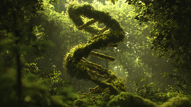 Verdant helix entwined with moss in sunlit forest green