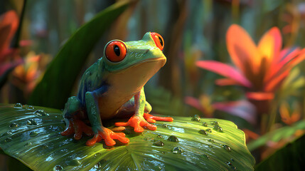 Vibrant green frog with striking orange eyes perched on a wet leaf red eyed tree frog blue