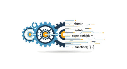 Dynamic tech industry concept with gears and code snippets, showing innovation and connectivity for modern software development and digital solutions