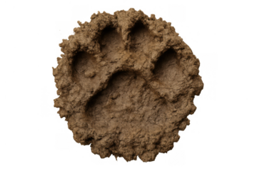 Animal paw print pressed into wet mud, showing texture and detail on a transparent background