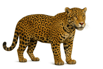 Obraz premium Jaguar walking, an elegant wild jungle cat, spotted feline predator, wildlife animal on transparent background
