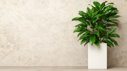 A large green plant in a white pot sits against a textured beige wall.
