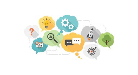 Brainstorming new ideas and strategies for business growth with creative thinking and problem solving icons in speech bubbles, perfect for presentations