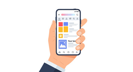 Modern smartphone app interface held by a hand, perfect for showcasing mobile technology, UI design, and innovative communication in a business setting