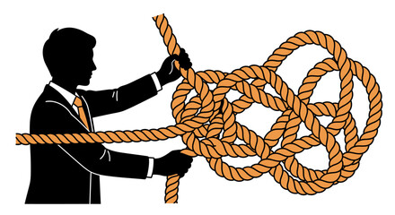 Business leader untangling complex rope knot, solving problems with focus and determination, demonstrating leadership, teamwork and strategic solutions