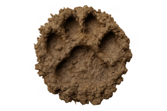 Animal paw print pressed into wet mud, showing texture and detail on a transparent background - Powered by Adobe