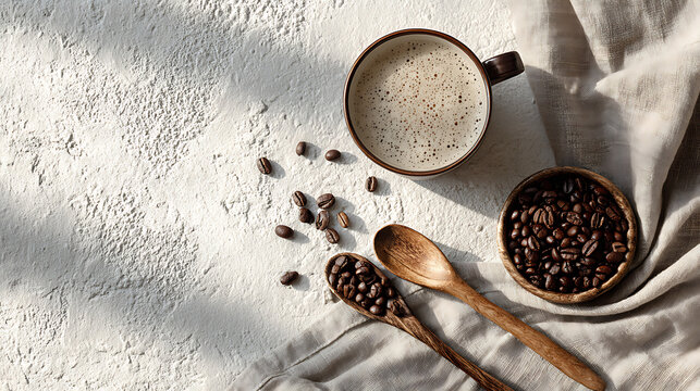 Warm frothy coffee cup with roasted beans and wooden spoons image