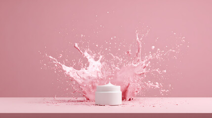 White cosmetic jar with pink liquid splash cosmetic product white jar