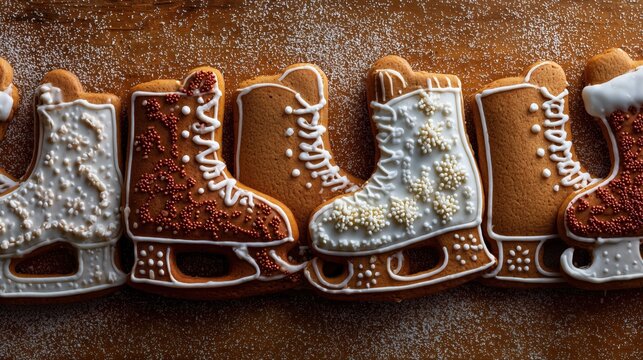 brown christmas gingerbread shaped like cute ice skates resting on a gingerbread texture