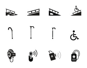 Set of Accessibility and Disability Support Icons Including Ramps, Walking Canes, Wheelchair Symbol and Hearing Devices