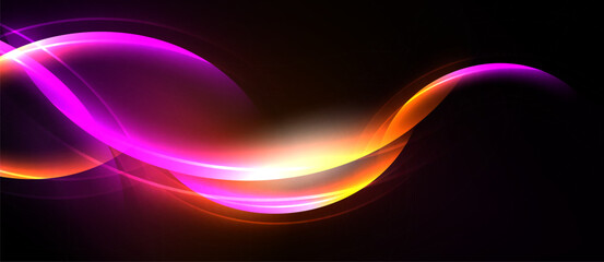 Abstract vibrant light streaks form flowing curves against dark background. Bright colors create dynamic visual effect.