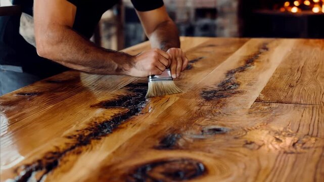 Homeowner applying a protective finish to a handcrafted wooden kitchen countertop emphasizing the warm natural grain patterns and rustic charm.
