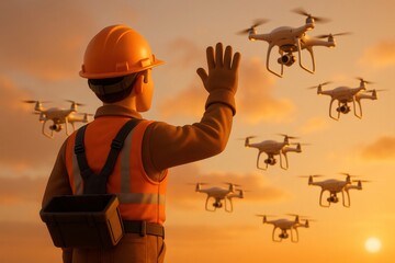 Technician in hard hat and safety vest waving towards drones flying away during a vibrant sunset, symbolizing farewell to automated operations