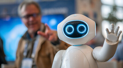 White robot with glowing blue eyes and raised hand waving artificial intelligence technology
