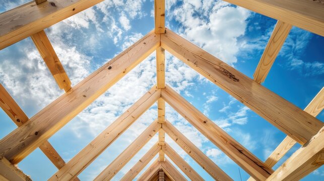 Wooden framework of a house under construction with a clear blue sky and scattered clouds visible above.