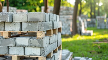 Stacked concrete blocks on wooden pallets in a green outdoor setting. Sunlight filters through trees, creating a serene construction site atmosphere.