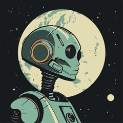 Fototapeta premium illustration, vector, character, robot, simple, technology, cartoon, modern, mascot, tech, digital, design, flat, support, future, toy, kids, funny, graphic, futuristic, cute, isolated, icon, science,