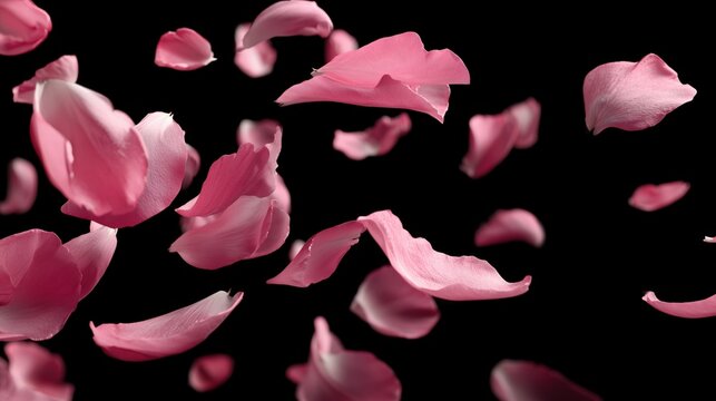  pink petals of rose flowers are elegantly falling down. against deep black with dark pink and purple gradients
