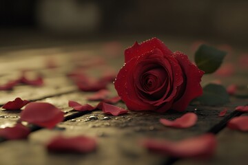 Red rose with glistening dew drops resting on rustic wooden planks, surrounded by scattered petals conveying love and remembrance