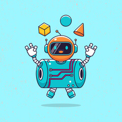 Cute robot with blue color raising its hand, holding an items in a playful flat vector style. Perfect for tech themes, kids illustrations, education visuals, and digital artwork.
