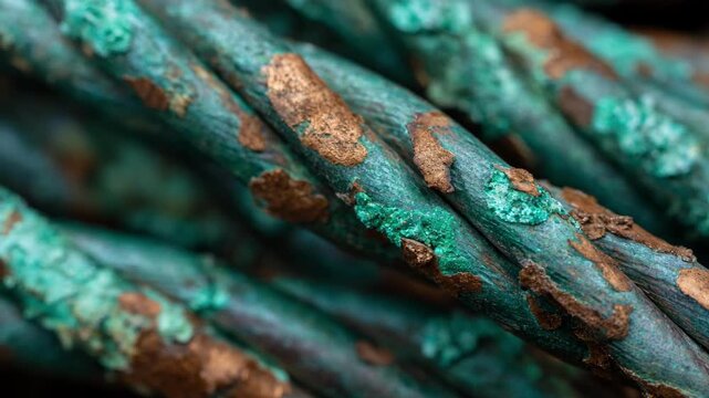 Closeup view of copper wire strands showing green patina corrosion developing on the surface with textured oxidation patterns forming naturally.