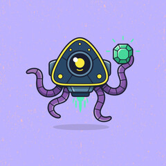 Cute robot, holding diamond in a playful flat vector style. Perfect for tech themes, kids illustrations, education visuals, and digital artwork.