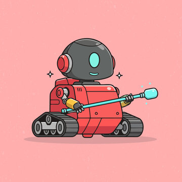 Cute robot with red color raising its hand, holding an glass stick in a playful flat vector style. Perfect for tech themes, kids illustrations, education visuals, and digital artwork.